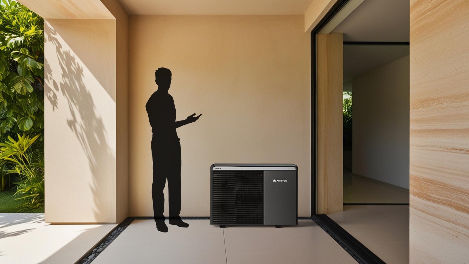 An Ariston outdoor heat pump shown beside a human silhouette for scale